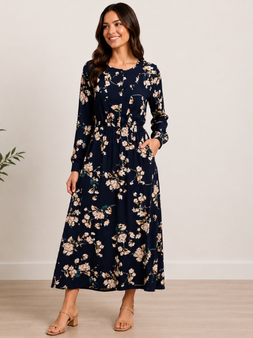 Women’s Navy Blue Multi Long Sleeve Floral Boho Cottagecore Maxi Dress Size L